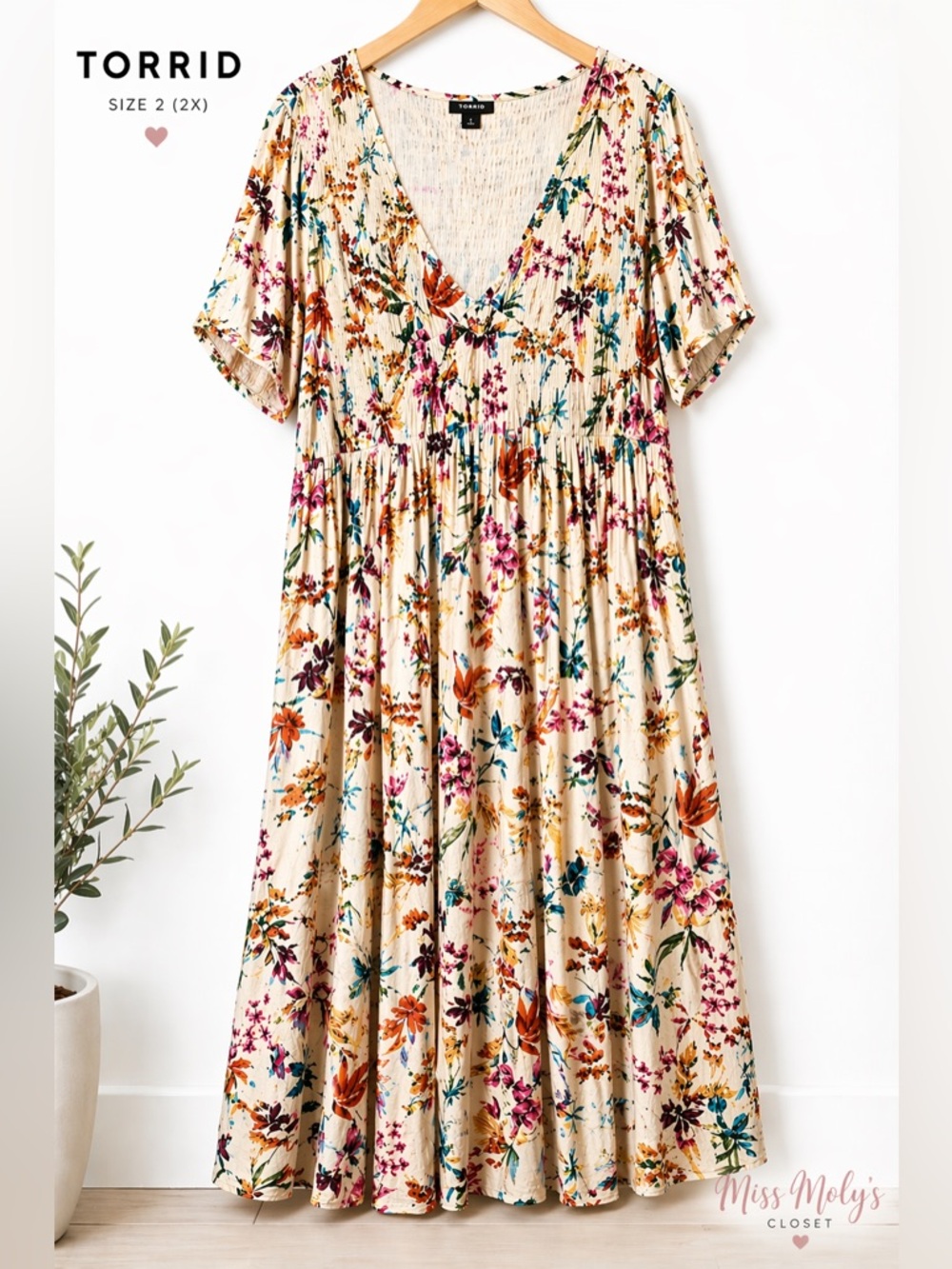 Torrid 2X Floral Smocked Midi Dress Pockets Boho Flowy